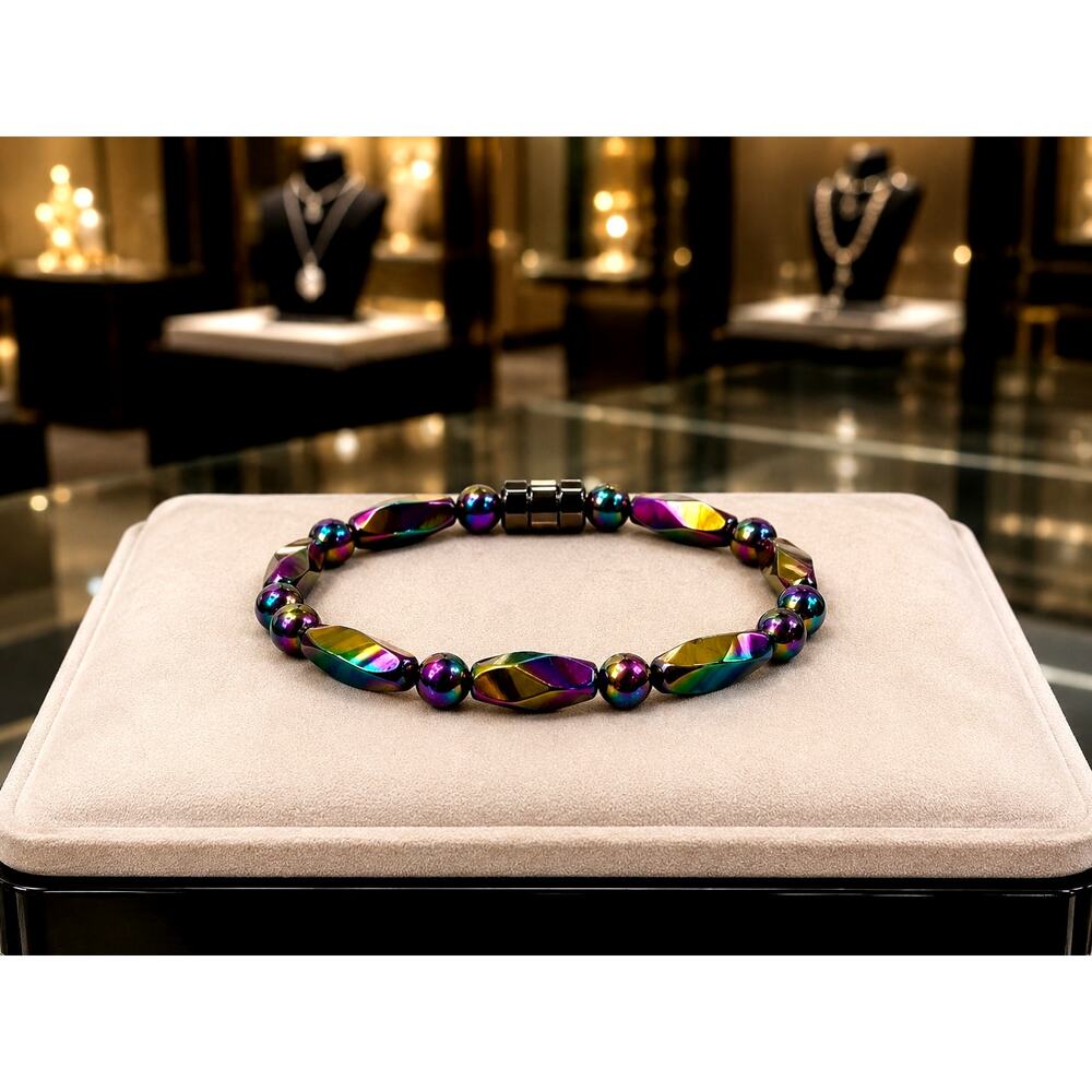 Vintage Rainbow Magnetic Hematite Bracelet Magnetic Clasp Iridescent Beads 9"